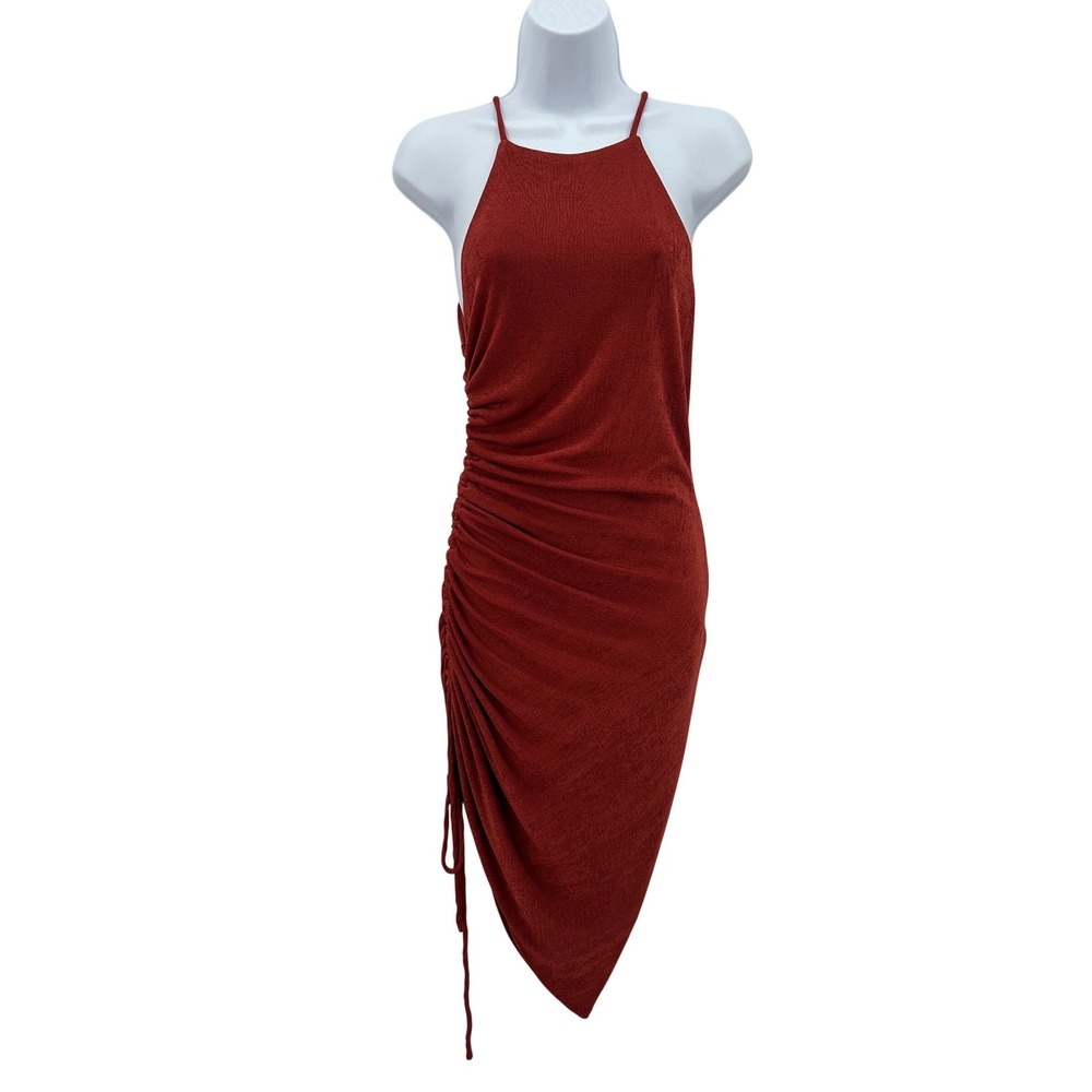 VICI Rust Orange Ruched Asymmetrical Halter Neck Bodycon Midi Dress Size Medium‎